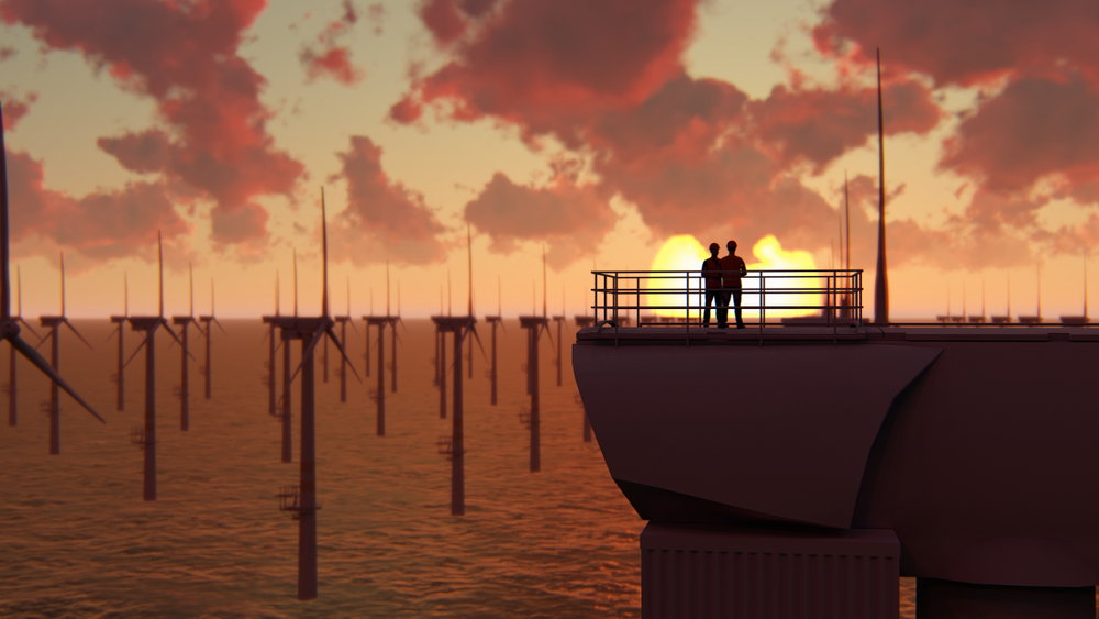 Two silhouetted figures stand on a platform at sea, observing a vast offshore wind farm against a dramatic sunset sky.